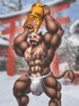 abs anthro asian_clothing big_biceps big_muscles big_pecs biped brown_body brown_fur bulge clothed clothing east_asian_clothing eyebrows eyes_closed flaccid front_view fundoshi fur genitals huge_muscles humanoid_genitalia humanoid_penis hyper hyper_muscles japanese_clothing male manly muscular muscular_anthro muscular_male obliques outside pecs penis quads solo topless translucent triceps tusks underwear water wet wet_clothing interval mammal suid suine sus_(pig) wild_boar 3:4 digital_media_(artwork) hi_res shaded soft_shading