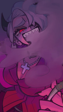 black_horn black_nails breasts cigarette cleavage clothed clothing collar collared_shirt colored_nails cross cross_necklace dress_shirt ear_piercing eyebrows facial_piercing female hair hair_over_eye holding_cigarette holding_object horn jewelry lip_piercing looking_at_viewer nails necklace nose_piercing not_furry one_eye_obstructed open_mouth piercing red_eyes sharp_teeth shirt short_hair simple_background smoke smoke_from_mouth smoking solo teeth topwear white_body white_eyebrows white_hair white_skin chamy_(artist) helltaker zdrada_(helltaker) demon demon_humanoid humanoid 9:16 hi_res
