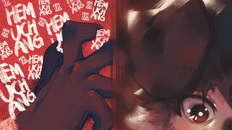 5_fingers anthro black_body black_eyes black_fur black_hair fingers floppy_ears fur hair male scared solo white_body white_fur hemuchang shin_(hemuchang) canid canine canis domestic_dog mammal 16:9 2022 hi_res watermark widescreen