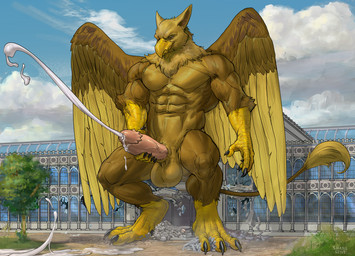 5_fingers abs anthro balls beak biceps biped bodily_fluids brown_body brown_fur building building_destruction claws crush cum destruction erection feathered_wings feathers feet finger_claws fingers fur genital_fluids genitals house humanoid_genitalia landscape_dwarfing macro macro_anthro macro_male male muscular muscular_anthro muscular_male nude outside pecs penile penis sky smile solo tail toe_claws toes wings shaneinvasion mythology carpo avian gryphon mythological_avian mythological_creature hi_res