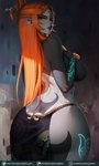 bottomwear breasts butt butt_cleavage clothed clothing female hair humanoid_pointy_ears jewelry loincloth loincloth_only multicolored_body multicolored_skin not_furry orange_hair pointy_ears solo text topless luminyu nintendo the_legend_of_zelda twilight_princess midna_(true_form) humanoid twili 2023 hi_res url