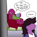 ambiguous_gender dialogue duo eyes_closed eyewear furniture glasses humor sofa text bran-draws-things barney_and_friends deltarune pbs undertale_(series) barney_the_dinosaur susie_(deltarune) dinosaur prehistoric_species reptile scalie theropod 1:1 2018 crossover digital_media_(artwork) english_text hi_res father_(lore) father_and_child_(lore) parent_(lore) parent_and_child_(lore)