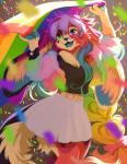 2018 akitamonster anthro breasts clothed clothing colorful_theme digital_media_(artwork) female hair heterochromia hi_res lagomorph leporid mammal navel open_mouth purple_hair rabbit smile solo tongue
