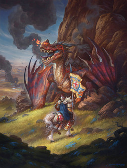 ambiguous_gender armor cave claws cloud day detailed_background feral fire_from_nose flag flag_(object) fur grass group headgear helmet holding_flag holding_object hooves horn knight looking_down membrane_(anatomy) membranous_wings mountain open_mouth outside pauldron plant red_body red_scales river rock scales sharp_teeth tail teeth warrior white_body white_fur wings justin_gerard mythology ambient_bird dragon equid equine horse human mammal mythological_creature mythological_scalie scalie 2018 hi_res