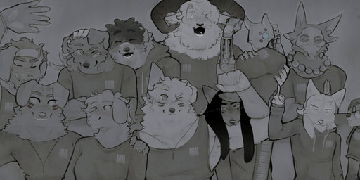 accessory afro aged_down ahoge anthro armpit_hair bandage bandage_on_face beads beard big_beard black_eyes black_hair blind_eye blue_eyes blush body_hair bone bone_mask bovid_horn bracelet brown_eyes caprine_horn cheek_stripes claws clothing curly_hair ear_piercing ear_ring eye_scar eyebrow_piercing eyebrows eyes_closed eyewear facial_hair facial_piercing facial_scar feather_in_hair female flexing flexing_bicep floppy_ears freckles gesture glasses green_eyes group group_photo hair hair_accessory hand_gesture headband hoodie horn jewelry long_hair loose_feather machine male markings married_couple mask matching_outfits mechanical_arm middle_finger mole_(marking) multi_ear necklace one_eye_closed open_mouth piercing prayer_beads ram_horn ring_piercing scar shirt size_difference skull skull_mask smile tank_top thick_eyebrows topwear wink cerberussenn capone_(cerberussenn) gunner_marrow_(cerberussenn) hanae_kazama_(cerberussenn) henrik_magnusson_(cerberussenn) ionus_serhallen_(cerberussenn) kavaani_reyes_(cerberussenn) maik_strongbow_(cerberussenn) noah_writhemann_(cerberussenn) sera_ivanov_(cerberussenn) theo_rohe_(cerberussenn) william_hayter_(cerberussenn) yasmine_hayter_(cerberussenn) alien arctic_fox automaton bird_dog border_collie bovid canid canine canis caprine collie coyote domestic_dog flat_coated_retriever fox golden_retriever herding_dog hunting_dog labrador mammal pastoral_dog procyonid raccoon retriever robot sheep sheepdog true_fox absurd_res greyscale hi_res monochrome signature