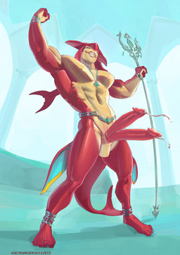 2_penises anthro balls biceps big_penis bodily_fluids erection genital_fluids genitals jewelry low-angle_view male melee_weapon multi_genitalia multi_penis muscular muscular_anthro muscular_arms muscular_male necklace pecs penis polearm precum red_body smile solo spear weapon purplebirdman nintendo tears_of_the_kingdom the_legend_of_zelda prince_sidon aquatic fish zora colored_sketch hi_res sketch