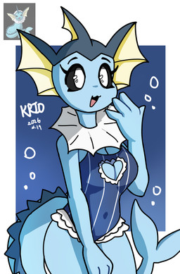 anthro breasts clothed clothing female looking_at_viewer simple_background smile solo tail krio_mendo nintendo pokemon eeveelution generation_1_pokemon humanoid pokemon_(species) vaporeon absurd_res digital_media_(artwork) hi_res