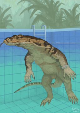angry anthro boss brown_body clock flaccid foreskin genitals male musclegut muscular penis realistic solo swimming_pool tongue tongue_out watch water wristwatch pierog komodo_dragon lizard monitor_lizard reptile scalie hi_res