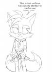 2_tails 5_fingers anthro bottomwear clothed clothing crossdressing dipstick_tail femboy fingers fluffy fluffy_tail front_view fully_clothed male markings multi_tail restraints school_uniform simple_background skirt solo speech_bubble standing stocks tail tail_markings text undressing uniform white_background topazice sega sonic_the_hedgehog_(series) miles_prower canid canine fox mammal english_text greyscale hi_res monochrome sketch