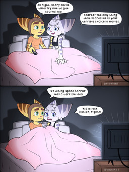 anthro bed blue_eyes blush breasts brown_nose creepy_face cybernetic_arm cybernetic_limb dialogue duo ear_piercing ear_ring electronics female fur furniture green_eyes male male/female markings mechanical_arm movie_night piercing pillow pink_nose ring_piercing romantic romantic_couple small_breasts speech_bubble striped_body striped_fur striped_markings stripes tail tail_markings television text white_body white_fur yellow_body yellow_fur viwhi_art ratchet_and_clank sony_corporation sony_interactive_entertainment ratchet_(ratchet_and_clank) rivet_(ratchet_and_clank) lombax mammal 3:4 comic english_text hi_res