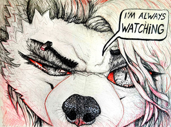 anthro dialogue eyebrow_piercing eyebrows facial_piercing female hair looking_at_viewer piercing solo whiskers foxjak hellaverse helluva_boss loona_(helluva_boss) colored_pencil_(artwork) hi_res restricted_palette traditional_media_(artwork)