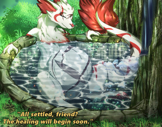 abdominal_bulge abdominal_scar ambiguous_gender ambiguous_prey anthro anthro_pred asking_another belly big_belly cheek_tuft claws duo endosoma eye_scar eyes_closed facial_scar facial_tuft fur fur_markings grass healing_vore hot_spring inner_ear_fluff male male_pred markings neck_tuft oral_vore outside partially_submerged plant red_body red_fur red_inner_ear_fluff safe_vore scar shrub tail tail_tuft talking_to_another talking_to_prey text tuft unseen_prey vore water white_body white_fur essynkardi zorgoia english_text story story_at_source story_in_description