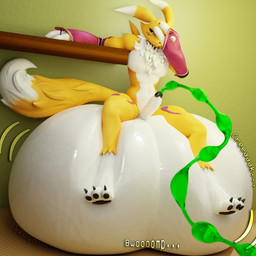 anthro athletic balls balls_expansion balls_inflation big_balls big_penis black_sclera blue_eyes erection expansion fluffy fluffy_tail fur genital_expansion genitals glans hand_on_face hose hose_in_urethra hose_inflation huge_balls humanoid_genitalia humanoid_penis hyper hyper_balls hyper_genitalia inflation inside liquid_inflation looking_down looking_down_at_self male mostly_nude onomatopoeia penetration penis sitting sitting_on_balls sitting_on_own_balls solo sound_effects tail text urethral urethral_penetration white_balls yellow_body yellow_fur yin_yang notsobretheren warfaremachine_(modeler) bandai_namco digimon canid digimon_(species) mammal renamon 1:1 3d_(artwork) digital_media_(artwork) hi_res