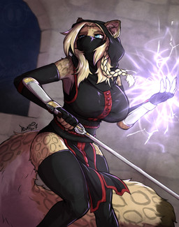 anthro armor assassin belt big_breasts big_tail blonde_hair blue_eyes breasts brown_body brown_fur castle clothed clothing dress female fur hair hood inside legwear leopard_spots leotard magic markings mask melee_weapon night ninja sleeves solo spots stockings sword tail warrior weapon blokfort felid mammal pantherine snow_leopard 2026 hi_res