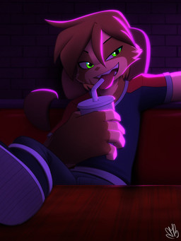 anthro big_hands bottomwear brick brick_wall brown_body brown_fur brown_hair cheek_tuft clothing container cup detailed_background drinking_straw facial_tuft female flat_chested foot_on_table footwear fur fur_markings furniture glowing green_eyes hair leaning leaning_backward markings noise_filter pants sharp_teeth shirt shoes solo table teeth tentacle_ear tongue tongue_out topwear tuft wall_(structure) bmbrice nazuret_kheilafi lagomorph mammal unknown_species 2025 digital_media_(artwork) digital_painting_(artwork) hi_res painting_(artwork)