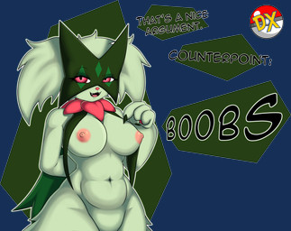 anthro areola big_breasts breasts claws dialogue eyelashes fangs female front_view fur green_background green_body green_claws green_fur hand_behind_back looking_at_viewer mask navel nipples open_mouth open_smile pink_areola pink_eyes pink_nipples simple_background smile solo talking_to_viewer teeth text transparent_background wide_hips duskxvi nintendo pokemon generation_9_pokemon meowscarada pokemon_(species) absurd_res alpha_channel hi_res