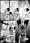 absurd_res avian_demon bedroom blitzo_(helluva_boss) comic dialogue elcee_rod english_text evil_face exaggerated_expression eye_popping glaring_at_viewer helluva_boss hi_res imp monochrome shocked stolas_(helluva_boss) text
