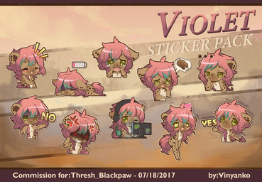 abstract_background anthro brown_body brown_fur brown_nose chibi cross-popping_vein ear_piercing ear_stud eyes_closed facial_piercing female food fur glistening glistening_hair hair happy heart_symbol markings narrowed_eyes nose_piercing nose_ring one_eye_closed open_mouth piercing pink_hair pink_tongue ring_piercing septum_piercing septum_ring solo spots spotted_arms spotted_body spotted_fur spotted_legs sticker_pack stud_piercing telegram_sticker text tongue vesper_art violet_(ivy-the-wiger) hyena mammal 2017 artist_name dated multiple_images