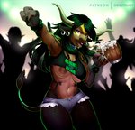 alcohol anthro areola beer beverage blue_eyes bottomwear breasts clothing container crowd cup female group horn looking_at_viewer navel nipples patreon_username shorts silhouette solo text draltruist blizzard_entertainment patreon warcraft fan_character bovid bovine mammal tauren 2020 english_text