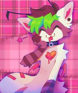 alternative_fashion ambiguous_gender antennae_(anatomy) anthro bandage bangs blep candy_gore collar collar_only ear_piercing facial_tuft fluffy gloves_(marking) gore hair heart_symbol markings nude piercing pointy_ears prick_ears scene_(fashion) small_wings smile smiling_at_viewer solo tongue tongue_out tuft wings y2k_(graphic_design) g4cruf0 gacru