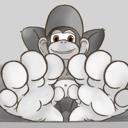 anthro barefoot biped butt clothing conjoined_eyes feet foot_focus fur male paws plantigrade prehensile_feet smile solo toes seamaster donkey_kong_(series) nintendo diddy_kong haplorhine mammal monkey primate 1:1 monochrome