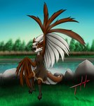 anthro beak brown_body clothing detailed_background feet female flying lake looking_at_viewer multicolored_body outside solo talons toes two_tone_body white_body wings yellow_eyes ghostth39 lina_(ghostth39) accipitriform avian bird osprey 2023 absurd_res hi_res signature