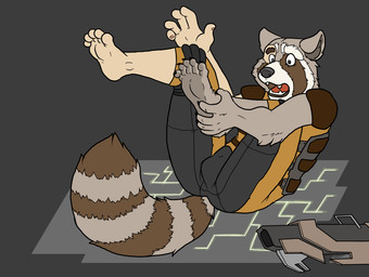5_toes anthro brown_body brown_fur bulge feet fur grey_body grey_fur male open_mouth solo species_transformation tf_into_fictional_character toes transformation white_body white_fur blueballs guardians_of_the_galaxy marvel rocket_raccoon human mammal procyonid raccoon 2015