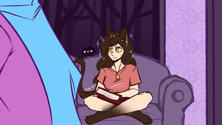 3_toes ambiguous_form ambiguous_gender animal_ears animal_feet black_hair blue_cape blue_clothing book cape closed_book clothed clothed_ambiguous clothed_female clothed_humanoid clothing duo ellipsis eyebrows facial_markings feet female front_view furniture hair head_markings holding_book holding_object inside long_hair looking_at_another markings medium_comic moon_pendant motion_lines mouth_closed on_sofa onomatopoeia pink_clothing pink_topwear pupils raised_eyebrow red_clothing red_shirt red_topwear shirt side_view sitting sitting_on_sofa slit_pupils sofa sound_effects sparkles sparkling_hair speech_bubble tail text toes topwear wall_(structure) white_sclera yellow_eyes yellow_markings kiingkiismet animal_humanoid felid felid_humanoid feline feline_humanoid humanoid mammal mammal_humanoid 16:9 2021 comic digital_drawing_(artwork) digital_media_(artwork) flat_colors full-length_portrait half-length_portrait hi_res portrait widescreen
