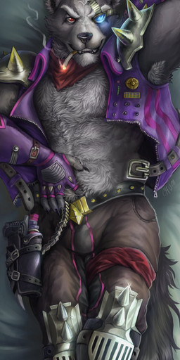 anthro armor armpit_hair belt black_nose body_hair boots bulge cigarette claws clothed clothing countershading crossed_legs dakimakura ear_piercing eyewear fangs fluffy fluffy_tail footwear front_view fur fur_tuft furgonomic_piercing furgonomics grey_body grey_fur gun hand_behind_back head_tuft jacket kerchief long_tail looking_at_viewer lying male open_clothing open_jacket open_topwear pauldron piercing ranged_weapon red_eyes seductive shoes smile smoking solo tail teeth topwear tuft weapon chumbasket nintendo star_fox wolf_o'donnell canid canine canis mammal wolf absurd_res dakimakura_design hi_res