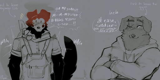 age_difference anthro athletic blind_eye blush blushing_profusely bodily_fluids clothing crossed_arms duo excited eye_scar facial_scar fanboy floppy_ears hoodie kerchief male male/male markings mature_male medallion mole_(marking) muscular neckerchief neckwear nervous open_mouth overalls pouch_(clothing) rolled_up_sleeves scar smile smoke_from_head stuttering surprised sweat tail tail_motion tailwag text time topwear wide_eyed younger_male cerberussenn lucky_sweeto_(cerberussenn) william_hayter_(cerberussenn) bird_dog canid canine canis domestic_dog flat_coated_retriever hunting_dog mammal retriever wolf absurd_res english_text hi_res signature