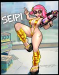 accessory big_breasts bikini blush blush_lines breasts clothing colored_nails female flower flower_in_hair footwear gold_bikini gold_legwear gun hair hair_accessory holding_gun holding_object holding_ranged_weapon holding_weapon legwear looking_at_viewer nails navel on_one_leg one-piece_swimsuit one_eye_closed pink_hair plant pseudo_hair ranged_weapon sandals shoes short_hair sling_bikini solo splattershot_pro standing swimwear tan_body tan_skin tentacle_hair tentacles text thick_thighs tongue tongue_out two-piece_swimsuit weapon wide_hips wink winking_at_viewer yellow_eyes yellow_nails blurriwod golden_week nintendo splatoon fan_character seipi_(blurriwod) animal_humanoid cephalopod cephalopod_humanoid humanoid inkling marine marine_humanoid mollusk mollusk_humanoid squid_humanoid absurd_res hi_res