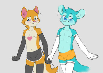 5_fingers anthro anthro_on_anthro blush bottomwear clothed clothing countershade_face countershade_fur countershade_tail countershade_torso countershading dolphin_shorts duo femboy fingers fur hand_holding interspecies male male/male nipples shorts tail topless topless_anthro topless_male young young_anthro young_male nononge canid canine canis domestic_dog mammal mustelid otter absurd_res hi_res