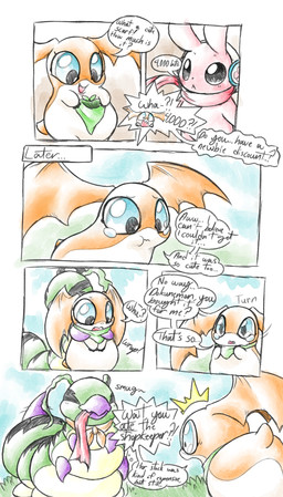 antennae_(anatomy) anthro beak biped blue_eyes bodily_fluids butt chibi claws clothing earmuffs female feral footwear fur green_body head_wings headgear kemono long_ears membrane_(anatomy) membranous_wings orange_body quadruped scarf segmented_body speech_bubble stinger stinger_tail surprised tail tears text unusual_wing_placement vore wings bakothemimic bandai_namco digimon nintendo pokemon pokemon_mystery_dungeon spike_chunsoft arthropod cutemon digimon_(species) dokunemon insect lagomorph leporid mammal patamon rabbit comic hi_res