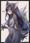 anthro blush breasts convenient_censorship female female_anthro fur hair hair_covering_breasts half-closed_eyes heart_symbol kemono long_hair looking_at_viewer multicolored_body multicolored_fur multicolored_hair narrowed_eyes nude solo tail tongue tongue_out ayabemiso canid canine canis mammal wolf 2023 digital_media_(artwork) hi_res