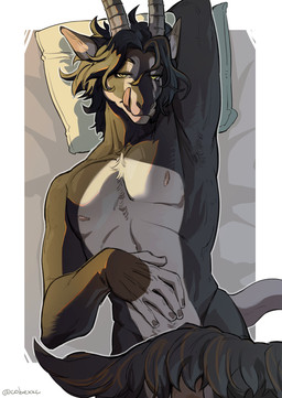 5_fingers anthro bedding bedding_background black_body black_fur black_hair fingers front_view fur genitals hair hand_on_belly horn humanoid_hands licking licking_lips licking_own_lips looking_at_viewer lying male male_anthro mouth_closed narrowed_eyes nipples nude on_back penis pillow solo tail tongue tongue_out white_body white_fur yellow_eyes cobu antelope bovid grazing_antelope mammal sable_antelope hi_res