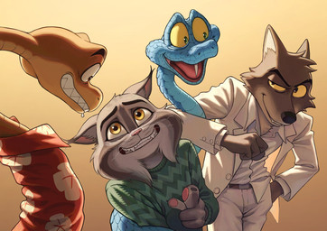 anthro awkward_smile blue_body blue_scales brown_body brown_fur brown_scales clenched_teeth clothing dress fangs feral fur grey_body grey_fur group male missing_fang scales smile sweater teeth topwear nyeong disney dreamworks the_bad_guys zootopia gary_de'snake mr._snake_(the_bad_guys) mr._wolf_(the_bad_guys) pawbert_lynxley canada_lynx canid canine canis felid feline lynx mammal pit_viper reptile scalie snake viper wolf crossover hi_res