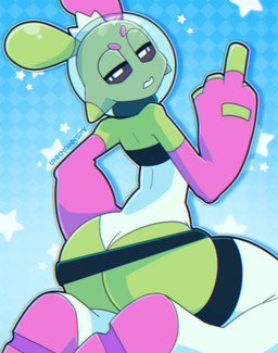 ambiguous_gender antennae_(anatomy) big_butt black_eyes blue_background boots butt checkered checkered_background clothing crown fingerless_gloves footwear gesture gloves green_body green_skin hand_gesture handwear headgear headwear middle_finger pattern_background pink_clothing pink_gloves pink_handwear shoes simple_background solo star thick_thighs white_boots white_clothing white_footwear wide_hips y2k_(graphic_design) unknownspy sploot_(unknownspy) alien alien_humanoid humanoid roswell_grey hi_res watermark nonbinary_(lore)