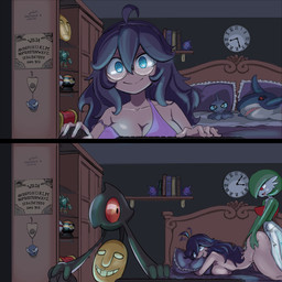 3_fingers ahoge all_fours ambiguous_gender ambiguous_penetration analog_clock arched_back ass_up bed bedroom big_breasts bite black_body black_hair blue_eyes blush blush_lines bodily_fluids book bookend breasts camera chest_spike cleavage clock closed_smile clothed clothed_female clothed_human clothing computer_keyboard computer_mouse doggystyle drooling eye_roll eyebrows eyewear female female_penetrated femboy figurine fingers from_behind_position furniture glasses green_body green_hair group hair headboard hug hugging_object hugging_pillow human_on_humanoid human_penetrated humanoid_penetrating humanoid_penetrating_human inside interspecies kneeling long_hair looking_down looking_pleasured luxury_ball male male/female male_humanoid male_penetrating male_penetrating_female mask messy_hair motion_lines mouth_closed multicolored_body night not_furry nude nude_female nude_human nude_humanoid nude_male on_bed open_mouth ouija_board penetration penile penile_penetration pillow pillow_bite pink_camisole pink_tongue planchette plushie pokeball pokephilia premier_ball red_eyes round_glasses saliva sex shelf short_hair smile spikes spikes_(anatomy) spiral spiral_eyes thrusting tongue trio two_tone_body wall_clock wardrobe webcam white_body wide_eyed dr.kanonym nintendo pokemon hex_maniac animate_inanimate gardevoir gastly generation_1_pokemon generation_3_pokemon generation_5_pokemon generation_9_pokemon gengar gimmighoul gimmighoul_(chest_form) golurk human humanoid living_mask mammal pokemon_(species) sharpedo shuppet spirit yamask 1:1 2025 hi_res sequence