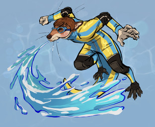 5_fingers 5_toes anthro blue_bodysuit blue_clothing blue_eyewear blue_goggles blue_skinsuit bodysuit brown_body brown_fur brown_hair clothed clothing elbow_pads elemental_manipulation eyes_closed eyewear feet fingers fur goggles goggles_on_face hair knee_pads male skinsuit solo spitting tail tight_clothing toes water_manipulation wetsuit whiskers yellow_bodysuit yellow_clothing yellow_skinsuit halacska-fins dispatch waterboy_(dispatch) afrosoricid mammal mustelid otter potamogale tenrec hi_res shaded