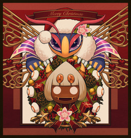 2_horns 4_eyes 4_wings 6_hands ambiguous_gender antennae_(anatomy) anthro arthropod_abdomen black_border border bow_ribbon brown_body christmas_clothing christmas_decorations christmas_headwear christmas_present clothed clothed_anthro clothing crown dreamstalk duo empty_eyes eyelashes eyeshadow female female/ambiguous floating_hands flower flower_on_head front_view gift glistening glistening_eyes gloves hair handwear hat headgear headwear heart_symbol holidays horn insect_wings larger_female legless looking_at_viewer makeup mouthless multi_eye multi_hand multi_wing open_mouth open_smile orange_eyes orange_fangs ornament pinecone pink_antennae pink_eyeshadow pink_flower plant purple_body purple_eyes red_heart santa_hat size_difference smaller_ambiguous smile text white_eyes white_hair wings wreath yellow_body 5health christmas kirby_(series) nintendo queen_sectonia taranza arachnid arthropod hymenopteran insect spider spidr wasp 2021 digital_drawing_(artwork) digital_media_(artwork) english_text hi_res japanese_description male_(lore)