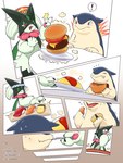 anthro big_food blush bodily_fluids duo eating eating_food feeding magic_user sweat sweatdrop gomuhimo nintendo pokemon salt_bae generation_2_pokemon generation_9_pokemon meowscarada pokemon_(species) typhlosion 2025 3:4 comic meme