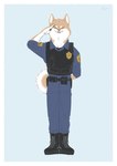 anthro brown_body brown_fur clothed clothed_anthro clothed_male clothing footwear front_view fur gesture kemono male police police_officer salute slim_anthro slim_male solo standing tail tongue tongue_out white_body white_fur shikayoshi sub20211115 canid canine canis domestic_dog mammal shiba_inu spitz 2022 absurd_res full-length_portrait hi_res portrait