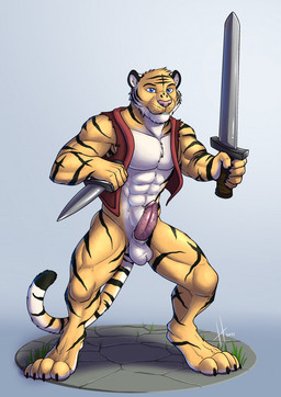 animal_genitalia anthro balls blue_eyes cheek_tuft claws clothed clothing erection facial_markings facial_tuft front_view fur genitals glistening glistening_eyes grey_background head_markings head_tuft holding_knife holding_melee_weapon holding_object holding_sword holding_weapon knife male male_anthro markings melee_weapon muscular muscular_anthro muscular_male open_clothing open_topwear open_vest penile_spines penis pink_nose red_clothing red_penis red_topwear red_vest sheath simple_background solo standing striped_arms striped_body striped_face striped_fur striped_legs stripes sword toe_claws topwear tuft vest weapon whiskers white_balls white_body white_fur white_sheath yellow_body yellow_fur hufnaar felid mammal pantherine tiger 2021 dated hi_res
