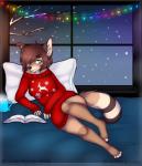 anthro beverage book candy chocolate clothed clothing dessert female food fur hair hot_chocolate inside open_mouth pillow solo nanokyuu northfelle canid canine mammal artist_collaboration hi_res