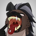 ambiguous_gender anthro big_teeth blind_eye bodily_fluids drooling greying_hair mature_anthro mouth_shot notched_ear open_mouth piercing saliva scar sharp_teeth skull_accessory solo teeth tongue tongue_piercing uvula vore estronate jacklyn_sheen hyena mammal spotted_hyena 1:1