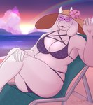 anthro beach big_breasts big_butt bikini breasts butt chair claws cleavage clothed clothing curvy_figure eyewear fangs female finger_claws fur furniture gesture hat headgear headwear horn long_ears looking_at_viewer mature_female navel pose purple_bikini purple_clothing purple_swimwear rainbow recliner reclining sea skimpy slightly_chubby slightly_chubby_anthro slightly_chubby_female solo sun_hat sunglasses sunset swimwear teeth two-piece_swimsuit voluptuous voluptuous_female water waving waving_at_viewer white_body white_fur wide_hips seachord undertale undertale_(series) toriel boss_monster_(undertale) bovid caprine goat mammal 2024 absurd_res digital_drawing_(artwork) digital_media_(artwork) hi_res pinup