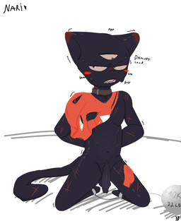 3_eyes angry anthro big_penis black_body blood bodily_fluids circumcised clothing erection genital_fluids genitals kneeling male multi_eye penis precum red_clothing solo torn_clothing wounded thafoxdraws cult_of_the_lamb massive_monster_(studio) narinder domestic_cat felid feline felis mammal absurd_res hi_res