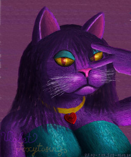 anthro bra clothed clothing eyeshadow female gold_(metal) gold_jewelry gold_necklace hair heart_jewelry heart_pendant jewelry makeup necklace pupils purple_body purple_hair red_pupils simple_background slit_pupils solo underwear whiskers yellow_eyes violet_foxytosin alexis_wasilla_(alexis_wasilla) domestic_cat felid feline felis mammal 2026 dated digital_media_(artwork) hi_res krita_(artwork) portrait signature trans_(lore) trans_woman_(lore)