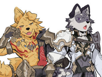 abs anthro armor athletic athletic_male cosplay duo fur grey_body grey_fur male purple_eyes simple_background smile tattoo tribal warrior white_background yellow_body yellow_eyes yellow_fur lumii honkai:_star_rail i_think_i_like_you mihoyo dev_(i_think_i_like_you) mydei_(honkai:_star_rail) phainon_(honkai:_star_rail) ray_(i_think_i_like_you) bird_dog canid canine canis domestic_dog felid golden_retriever hunting_dog mammal pantherine retriever snow_leopard 4:3 absurd_res hi_res