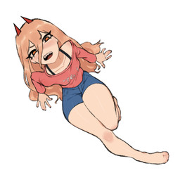 5_fingers annoyed blue_bottomwear blue_clothing blue_shorts bottomwear bra_strap clothing female fingers hair hands_on_ground horn long_hair looking_at_viewer looking_up looking_up_at_viewer open_mouth pink_clothing pink_shirt pink_topwear red_horn sharp_teeth shirt shorts sitting sitting_on_ground solo teeth text text_on_clothing text_on_shirt text_on_topwear topwear unusual_eyes gurumo chainsaw_man power_(chainsaw_man) demon humanoid 1:1 hi_res